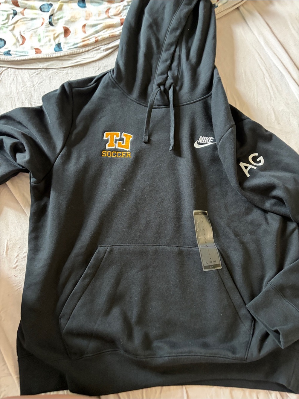 B64 Women’s Lg Nike Black Hoodie with Yellow TJ Soccer Embroidery NWT
